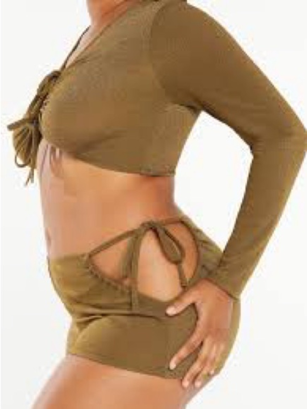 Savage X Fenty Olive Green Lace-Up Long Sleeve Crop Top & Shorts Set - Picture 2 of 12